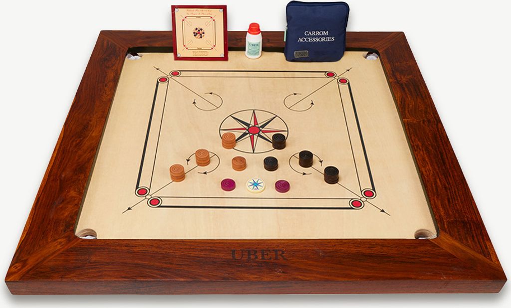 Ubergames- Carrom-Brett – Championship – 21 kg – Hergestellt in Indien – 74 x 74 zm Spielfeld – Komplettset – mit Tisch