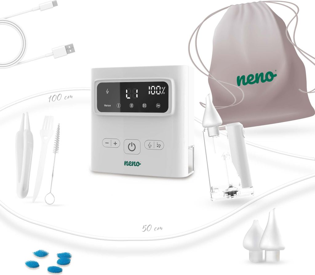 A white Neno Grasso wireless nasal aspirator is displayed with its accessories and a storage bag on a white and light gray background. Measurement lines are visible in the background.