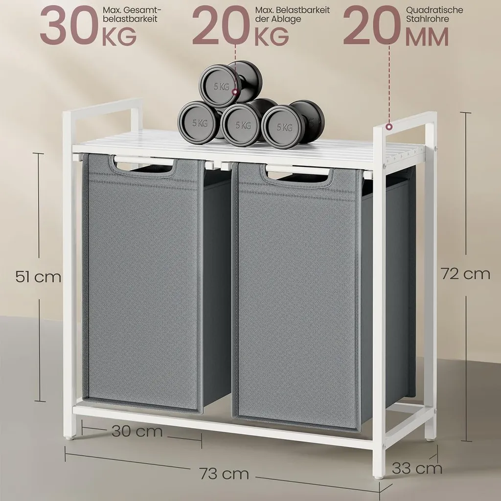 Panier à linge gain de place 2 compartiments blanc gris H71 cm robuste - 7