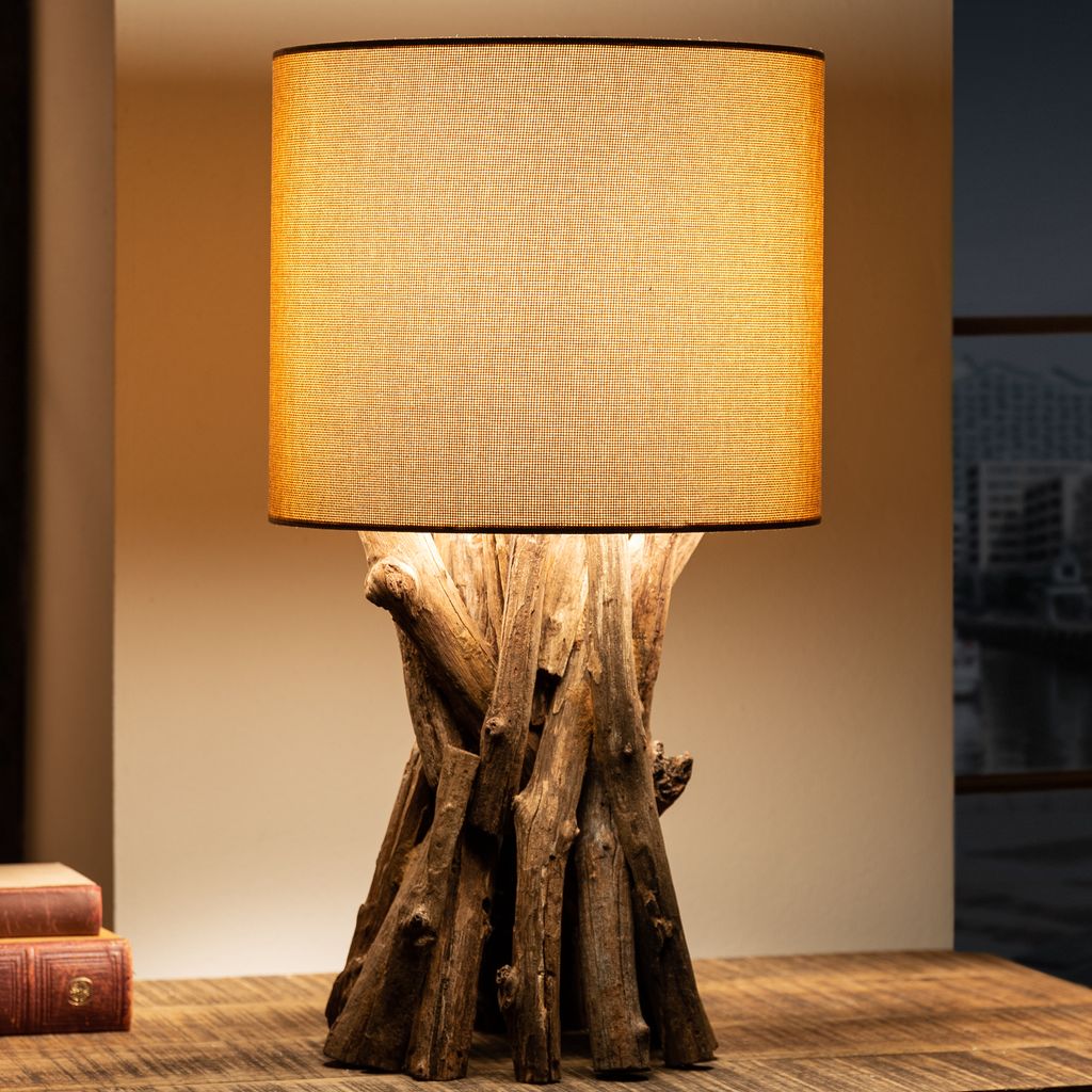 Tischleuchte grau Teak Treibholz natur Leinen Design Tischlampe Nachttischlampe 