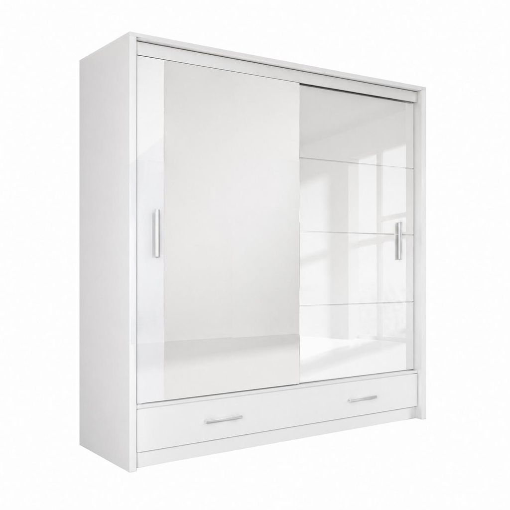 Schwebetürenschrank MARSEILLE 203 cm mit Spiegel & Schublade – Kleiderschrank Hochglanz modern Schlafzimmer (Weiss)