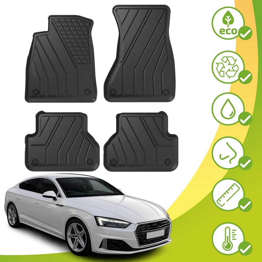 J&J AUTOMOTIVE | EKO Gummimatten Gummifußmatten Für Audi A5 F5 Sportback 10.2016-07.2024 4-tlg, Schwarz, Anti-Rutsch, mit Tunnel, Allwetter, Rand...
