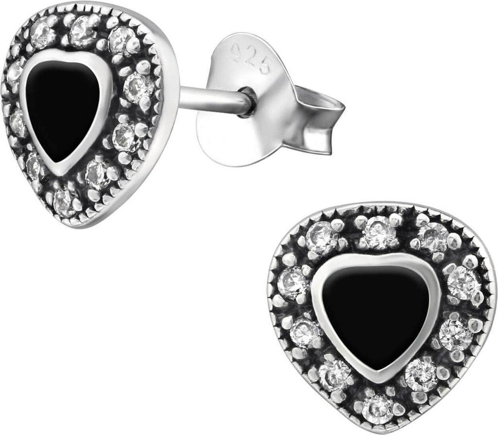 925 Sterling Silber Ohrstecker schwarzes Herz mit Zirkonia