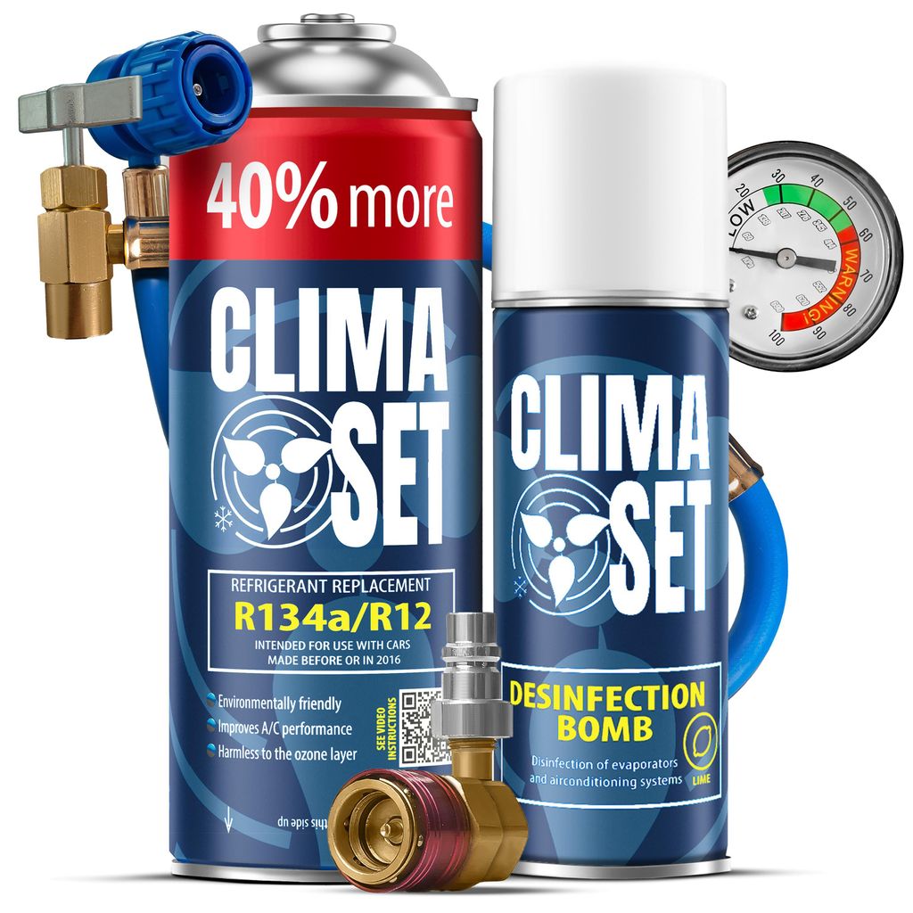 Set für Autoklima R134a 626 g, Klimaanlagen-Erfrischer, Schlauch mit Manometer, Adapter