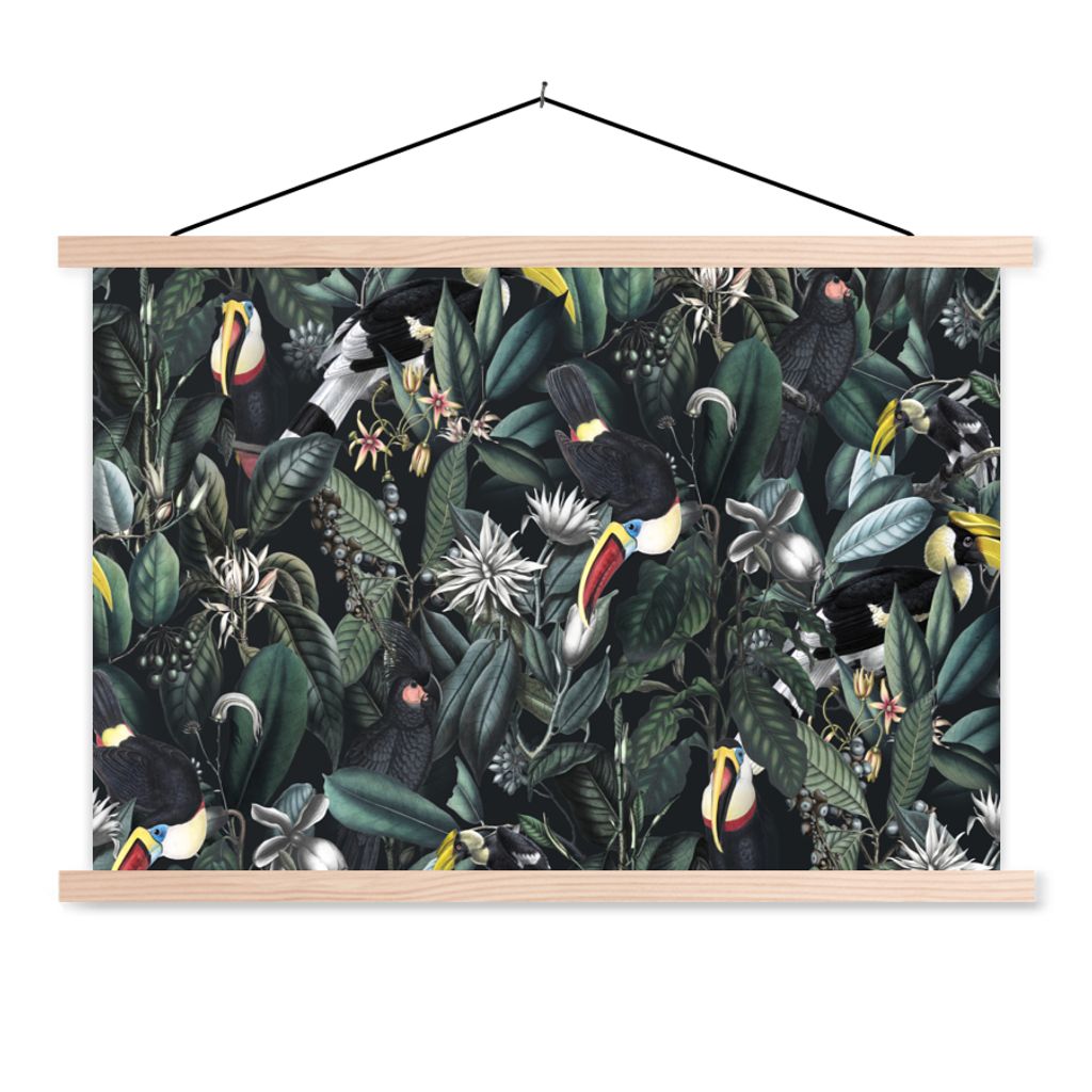 MuchoWow Textilposter Blumen - Tukan - Blätter 60x40 cm mit holzfarbenen Rahmen - Bilder