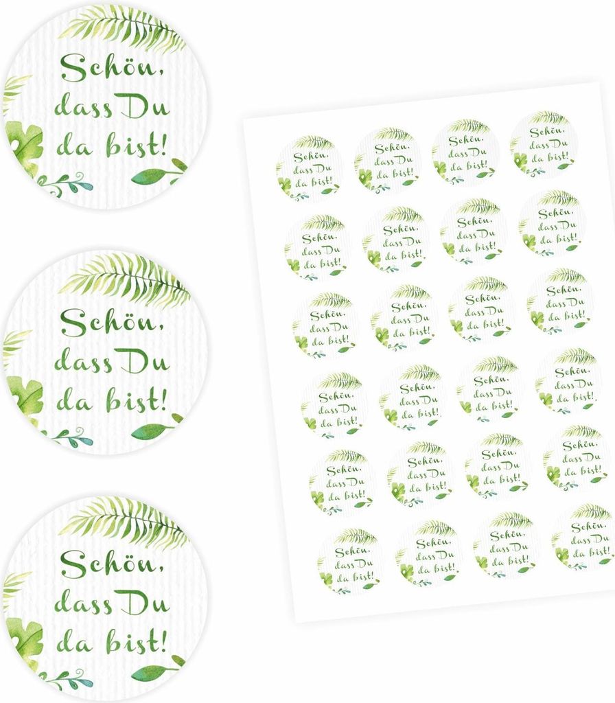 24 "Schön, dass Du da bist!" Aufkleber - Floral Weiß/ Grün - rund 4 cm Ø - Sticker Hochzeit Gastgeschenk