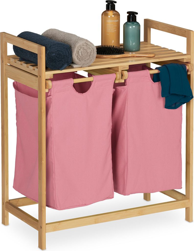 Relaxdays Wäschekorb Regal, Bambus, ausziehbar, HBT: 73 x 64 x 33 cm, Wäschesammler, 2 Fächer, Wäscheablage, natur/rosa