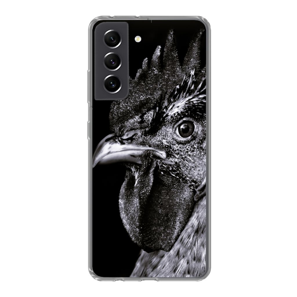 MuchoWow Handyhülle Schutzhülle Hülle für Samsung Galaxy S21 FE Hahn - Vogel - Schwarz - Weiß Silikon Softcase Handy Hülle - Mobiltelefonh...