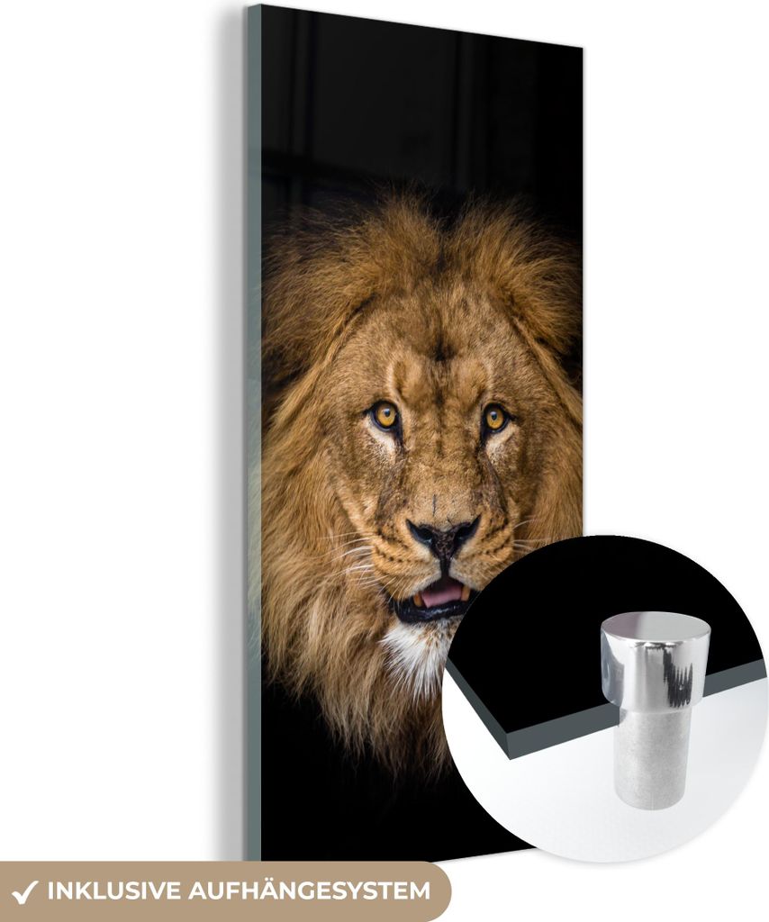 MuchoWow Glasbilder - Bilder auf Wandbild - Foto auf Glas Löwe - Porträt - Schwarz - Tiere 60x120 cm Wanddekoration aus Glas - Acrylglasbild - Ac...
