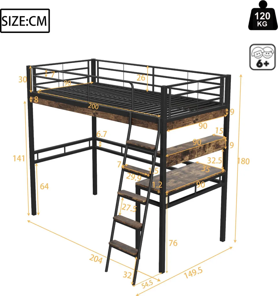 Lit Combiné Enfant 90x200 cm avec Bureau Intégré et Rangement Noir