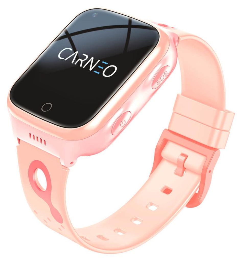 A pink CARNEO GuardKid+ 4G smartwatch with a sport band is shown against a white background.