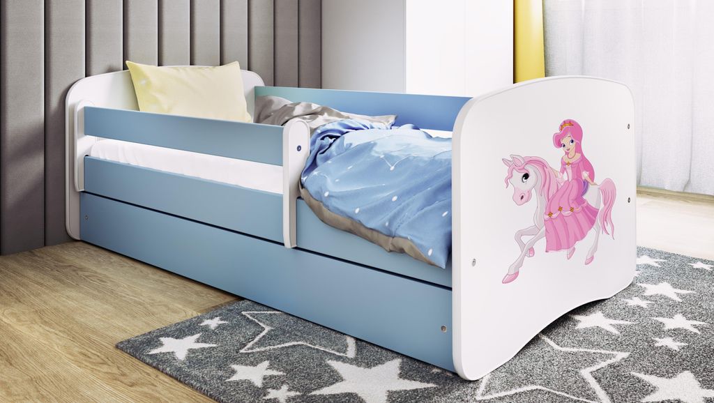 Kinderbett Jugendbett Prinzessin zu Pferd 70x140, 80x160, 80x180 cm - Komplettset mit Schublade & Rausfallschutz