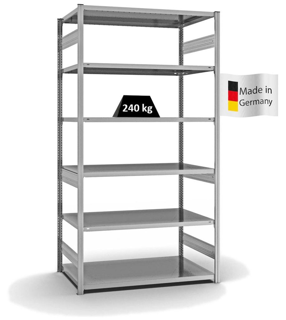 PROREGAL Fachbodenregal Stecksystem MAGNUS Germany | HxBxT 250x130x80cm | 6 Ebenen | Fachlast 240 kg | Beidseitig nutzbar | Verzinkt