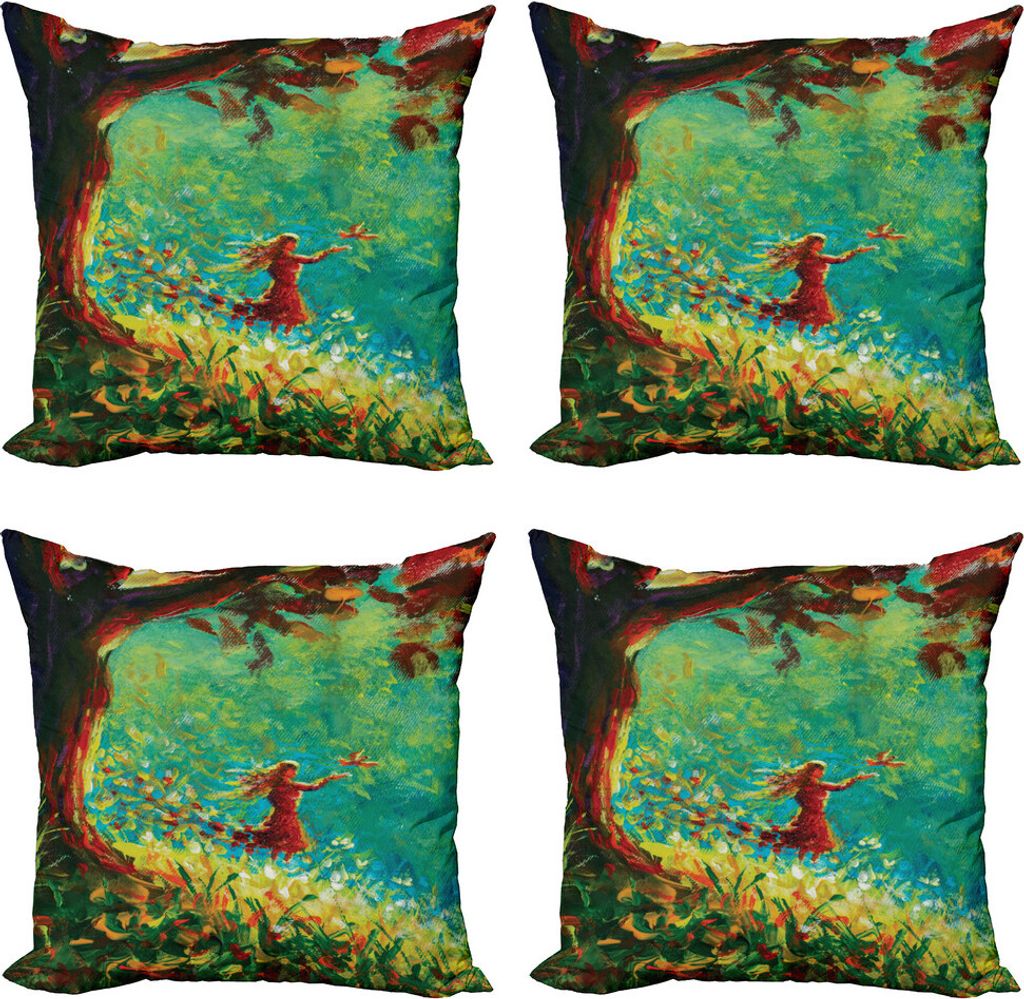 ABAKUHAUS Wald Kissenbezug Set (4 Stück), Malerei einer Waldszene, Moderner Doppelseitiger Digitaldruck, 45 cm x 45 cm, Mehrfarbig