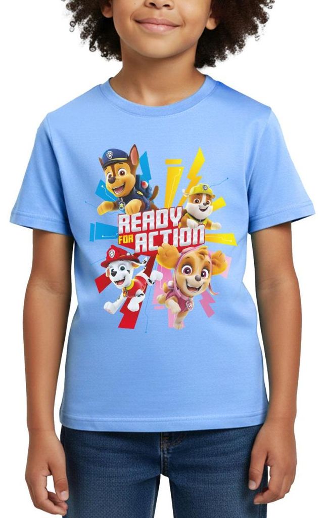 Spreadshirt Paw Patrol Ready For Action Spruch Kinder T-Shirt, 122/128 (7-8 Jahre), Himmelblau