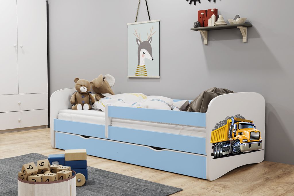 Kinderbett Jugendbett 80x160 cm Blau mit Matratze Rausfallschutz Schublade und Lattenrost Kinderbetten für Mädchen und Junge - Truck