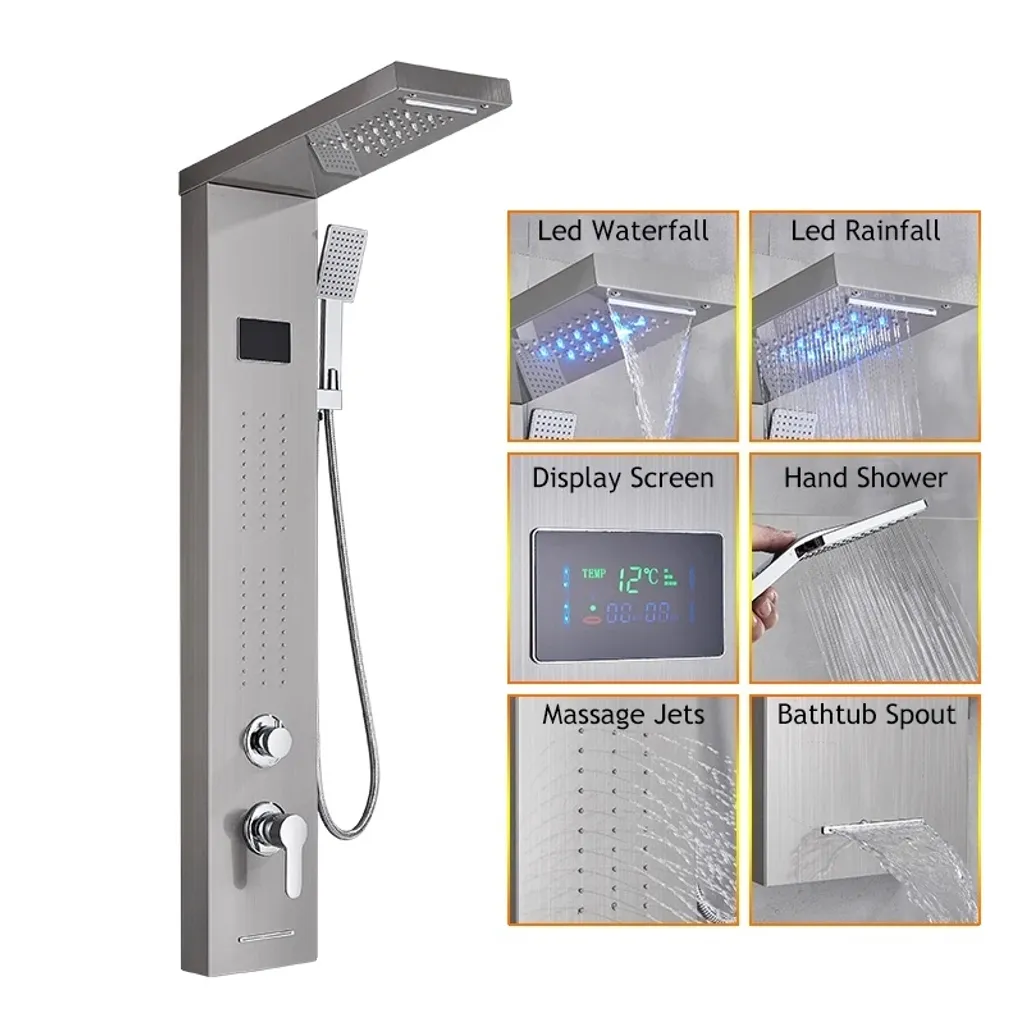 Panneau de douche LED nickel brossé 8011 avec affichage température