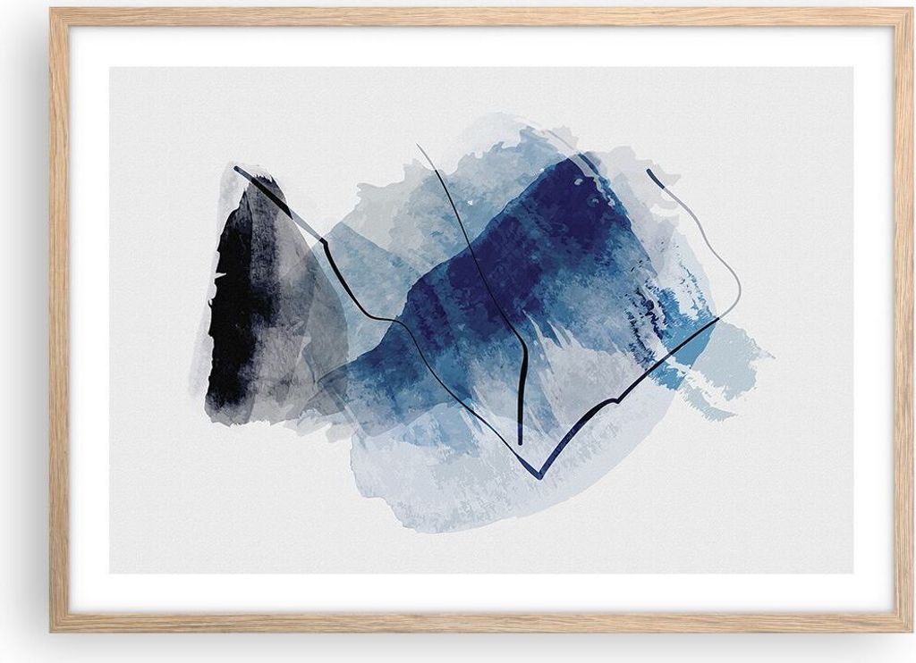 Gerahmtes Poster - Rahmen in heller Eiche - Blau Schwarz Abstraktion - 70x50 cm - Wand Bild - Wanddeko - Wandbilder - Kunstposter - Wandposter - Bi...