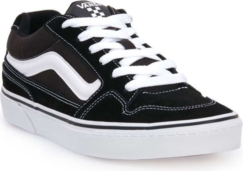 A black and white Vans sneaker is shown against a white background.