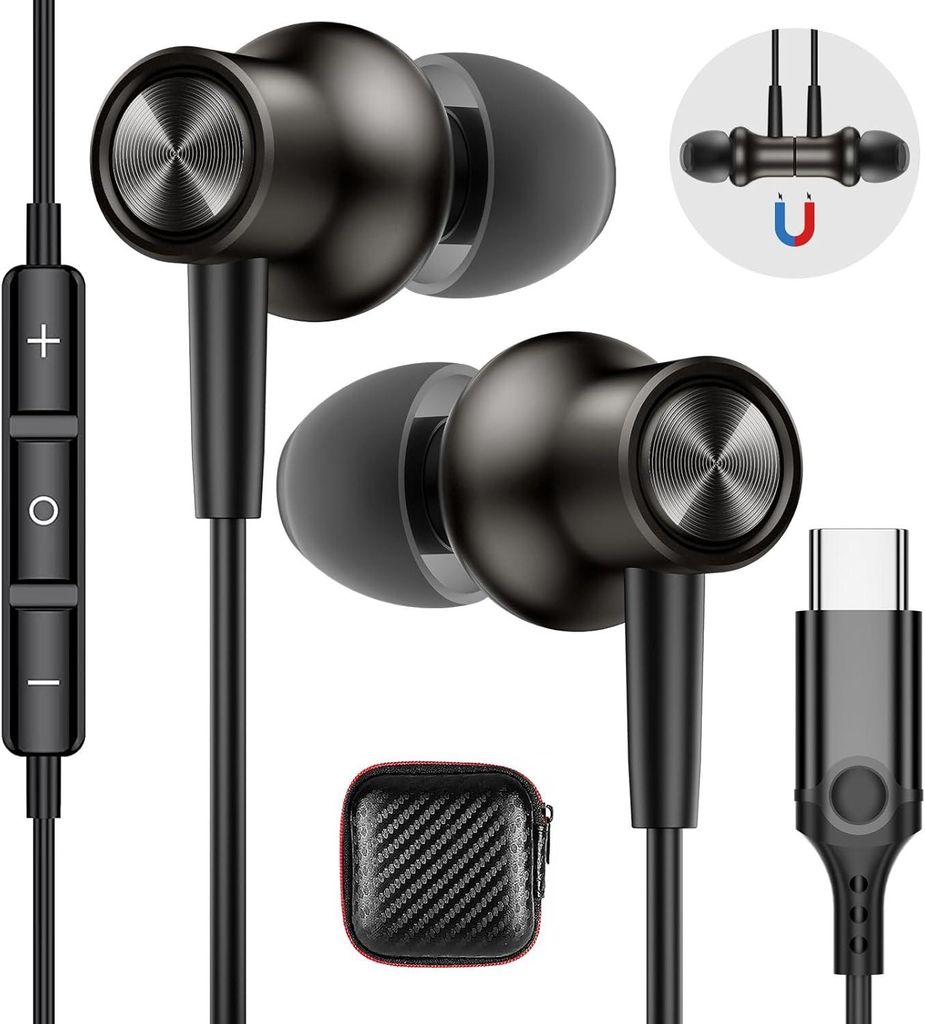 USB C In-Ear Kopfhörer mit Mikrofon und Lautstärkeregelung – HiFi Stereo Sound, Geräuschisolierung, Magnetisches Design, Breite Kompatibilität