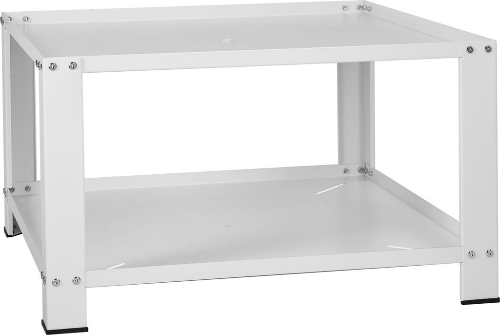 A white metal stand with two shelves, designed to hold a washing machine and dryer.