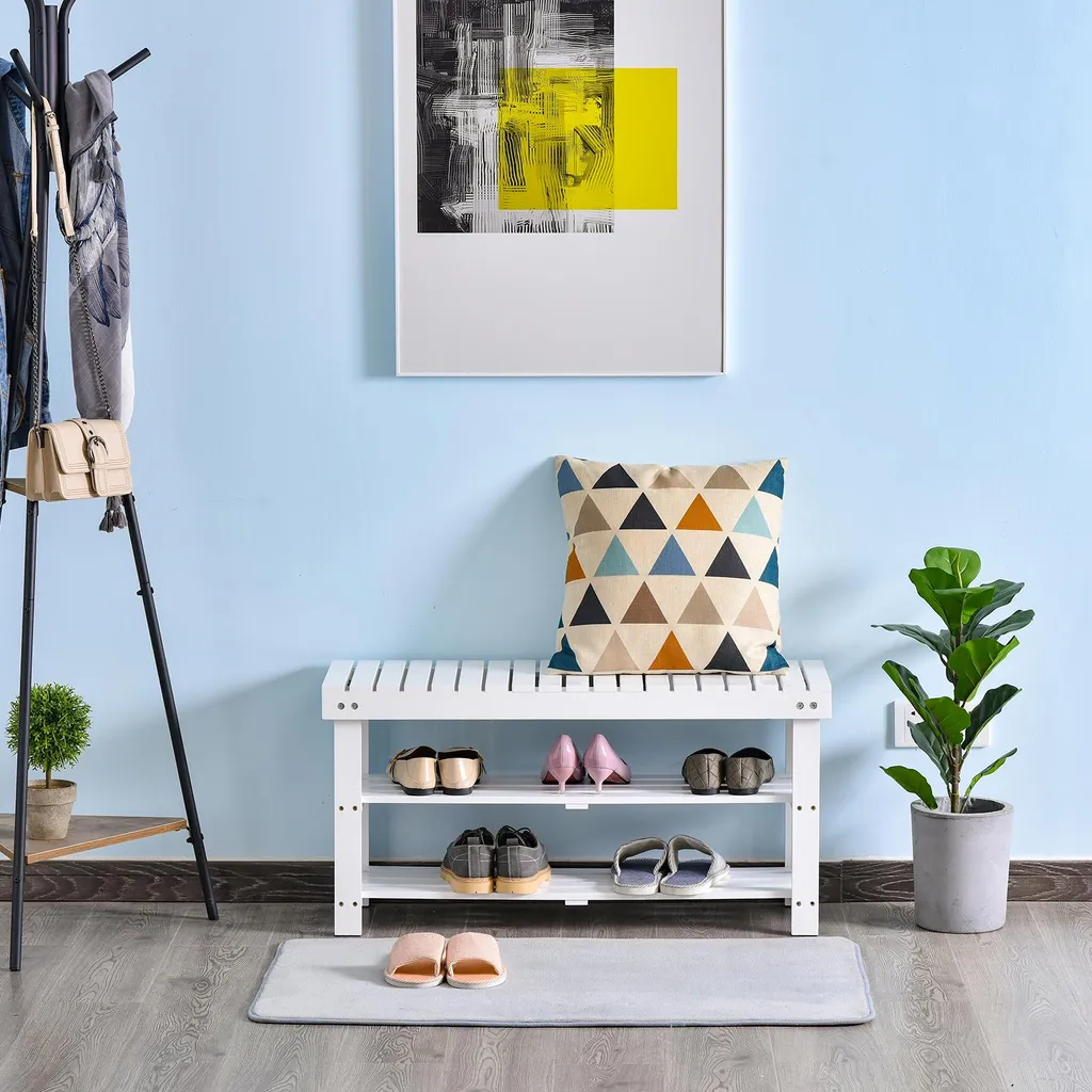 Meuble range-chaussures assise bois blanc 90cm avec coffre de rangement - 2