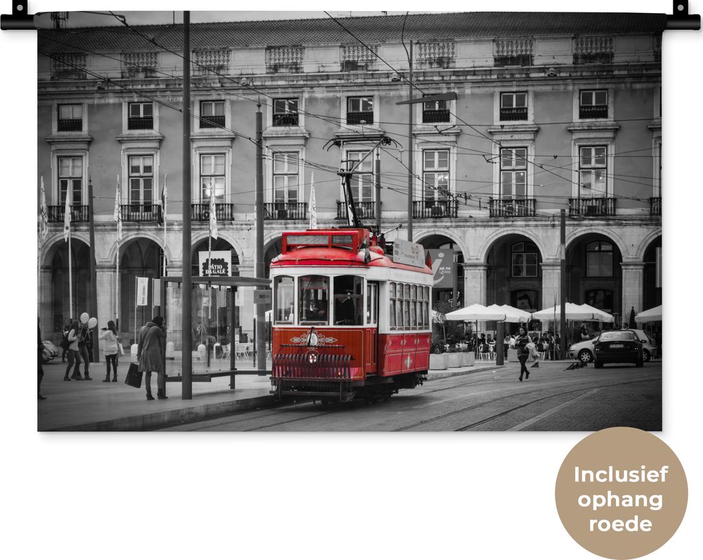 MuchoWow Wandteppich Wandbehang Schwarz-Weiß-Foto mit einer roten Straßenbahn 60x40 cm Tapisserie Dekoration Wandtuch - Wanddekorationen