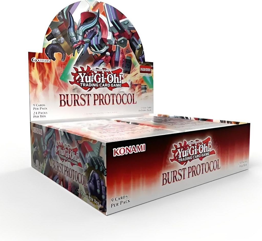 A booster box of Yu-Gi-Oh! trading cards, specifically the 'Burst Protocol' set.