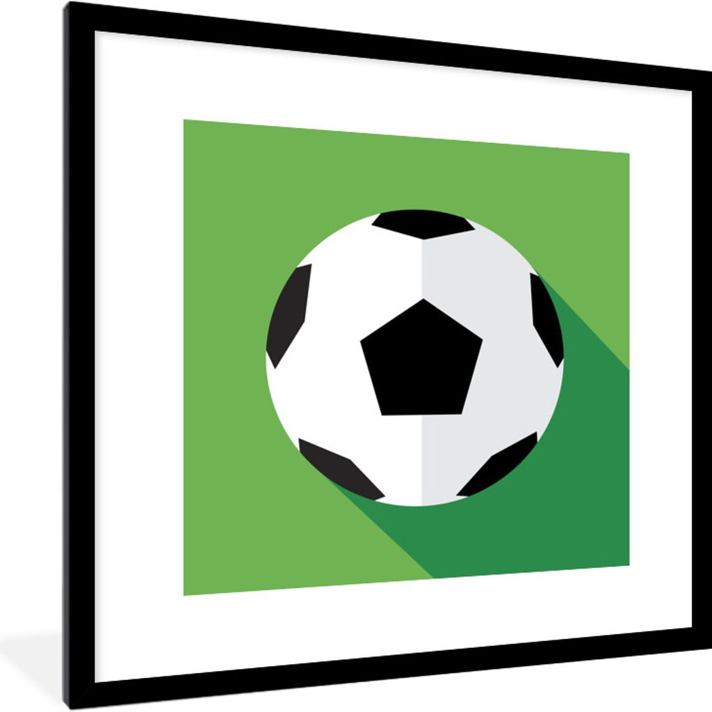 MuchoWow Gerahmtes Poster Eine Illustration eines Fußballs auf einem grünen Hintergrund - Jungen - Mädchen - Kinder 40x40 cm - Poster mit Schw...