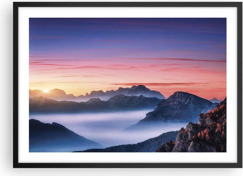 Gerahmtes Poster - Schwarzer Rahmen - Westen Sonne Berge - 70x50 cm - Wand Bild - Wanddeko - Wandbilder - Kunstposter - Wandposter - Bilderrahmen -...