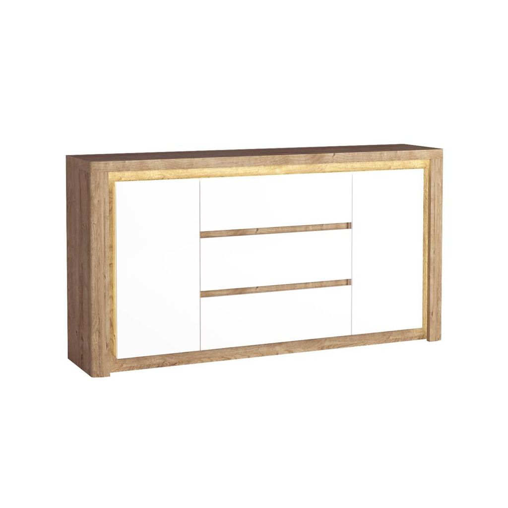 Bettso Kommode Sideboard mit 3 Schubladen und 2 Türen für Schlafzimmer Wohnzimmer LIVINIO 184 x 97 cm Weiß Glanz + Eiche