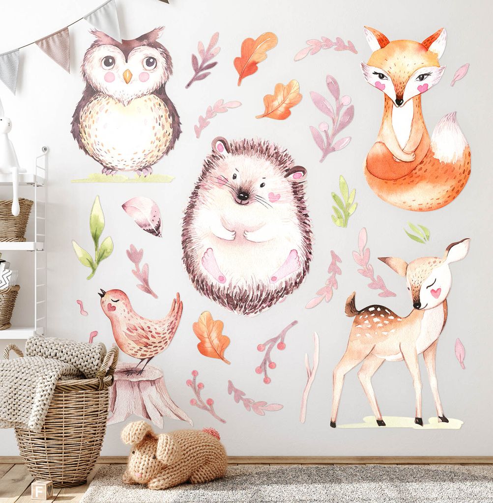 Waldtiere– Wandgestaltung – Wandbilder Kinder – Motivtapeten Set – Wanddekor Kinderzimmer – Selbstklebende Wandsticker – 60x71 cm