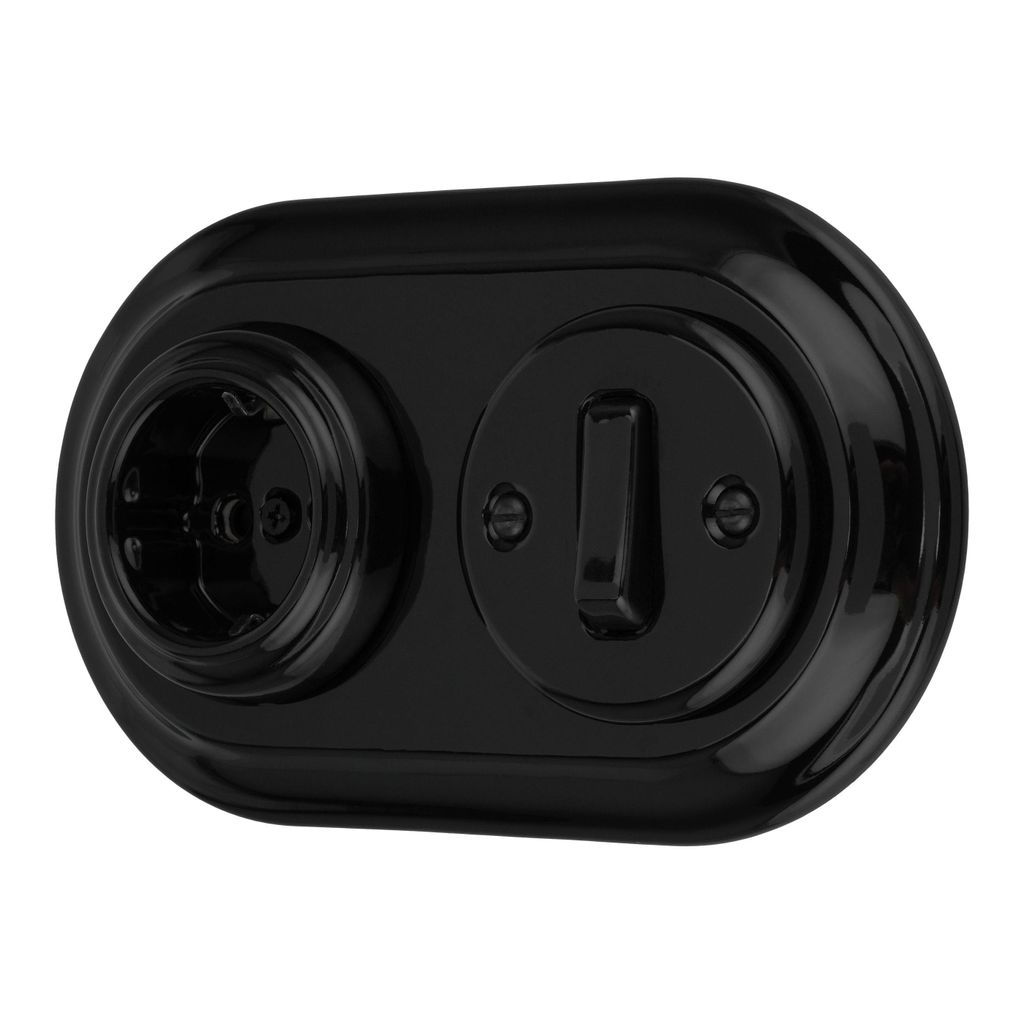 Unterputz Porzellan Retro Steckdose, Schalter, 2-fach, All-in-One, SET Serie PR1 schwarz