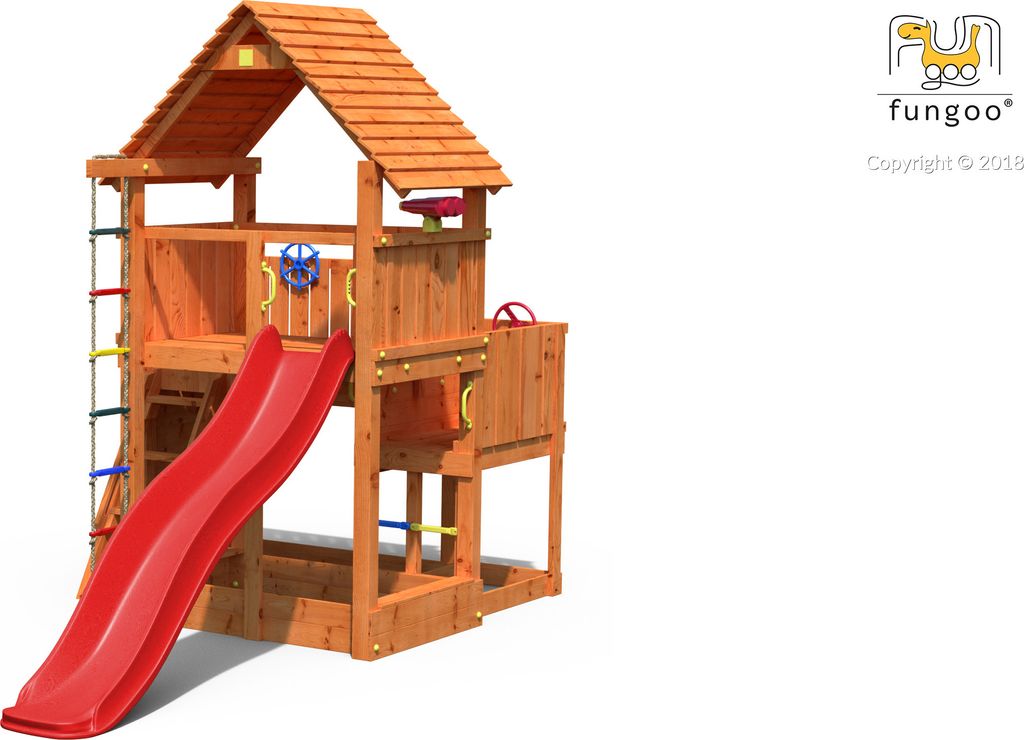 Fungoo Spielturm "Big Leader" teak mit Rutsche, Leiter, Kletterwand, Holzdach, Kletterseil und Sandkasten