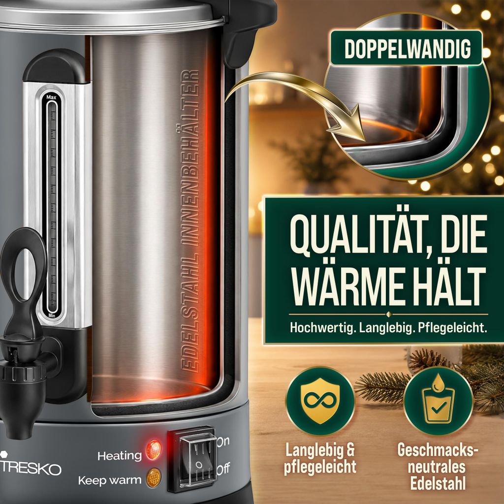 TRESKO® Glühweinkocher Grau 6,8L / 1500W Einkochautomat aus