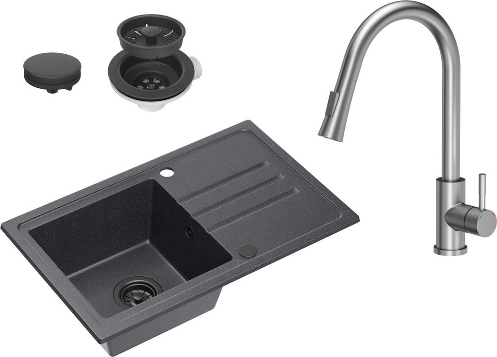 VBChome Spülbecken Granit Schwarz mit Armatur 70 x 44 cm Einzelbecken Einbauspüle Gesprenkelt Reversibel Granitspüle Schwarz Siphon Waschbecken ...