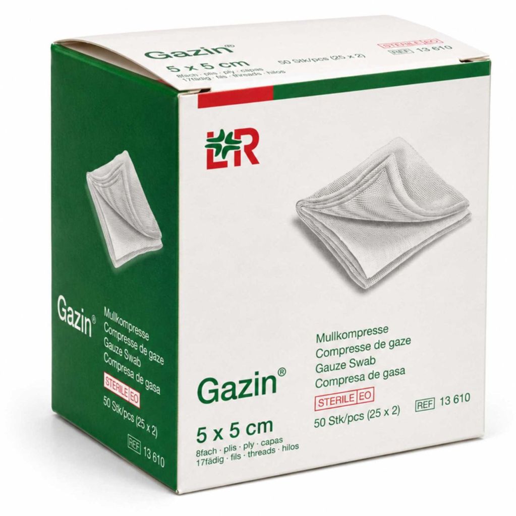 Gazin kompressen, steriel, 5 x 5 cm, 50 stuks. Kompressen Productafbeelding 