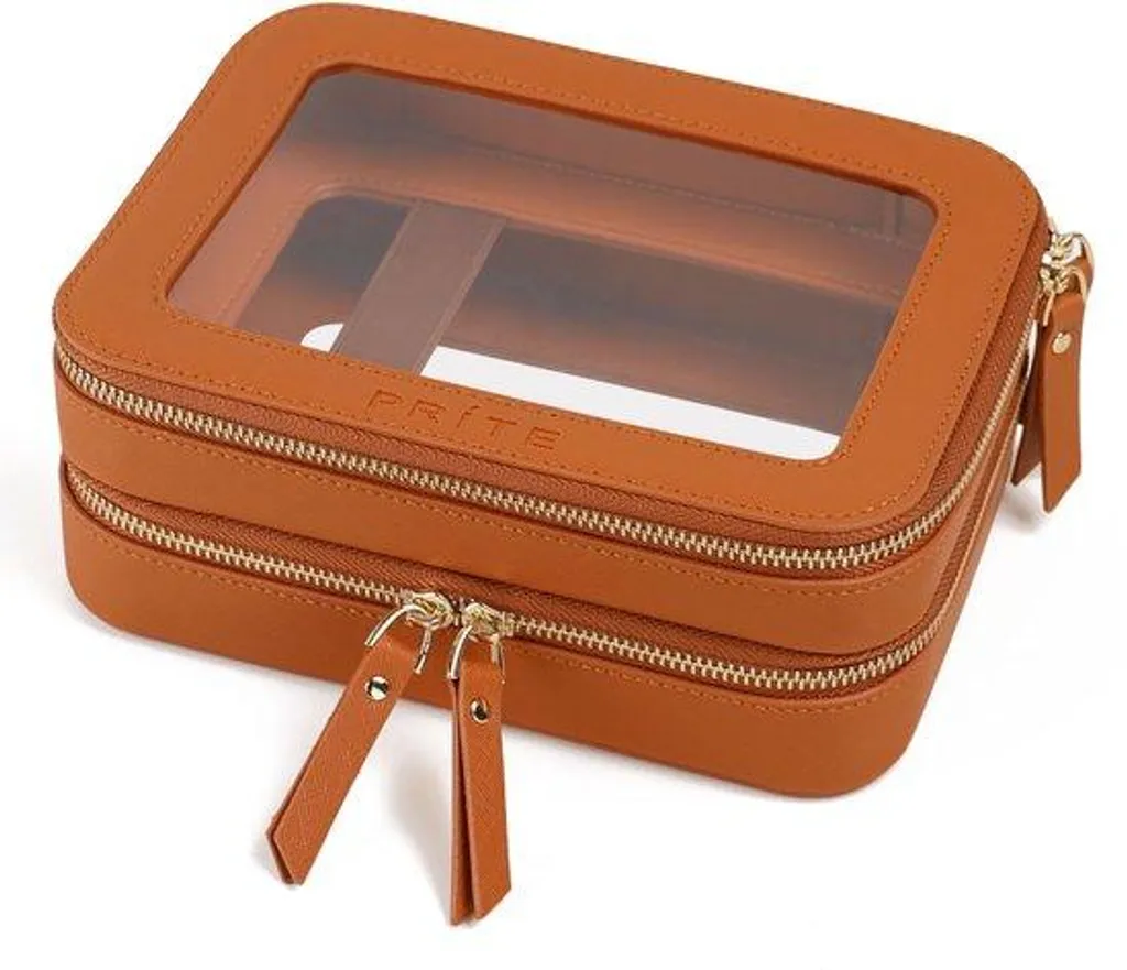 Rangement maquillage pour voyage marron, étanche et ultra compartimenté