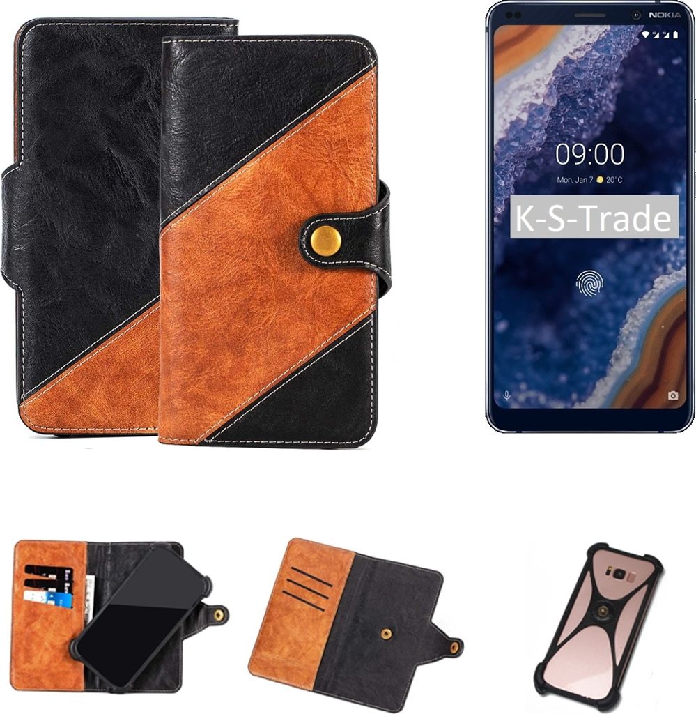 K-S-Trade Handyhülle Schutzhülle Bookstyle Case Wallet-Case kompatibel mit Nokia 9 Handy Cover Bumper Klapphülle schwarz hellbraun 1x