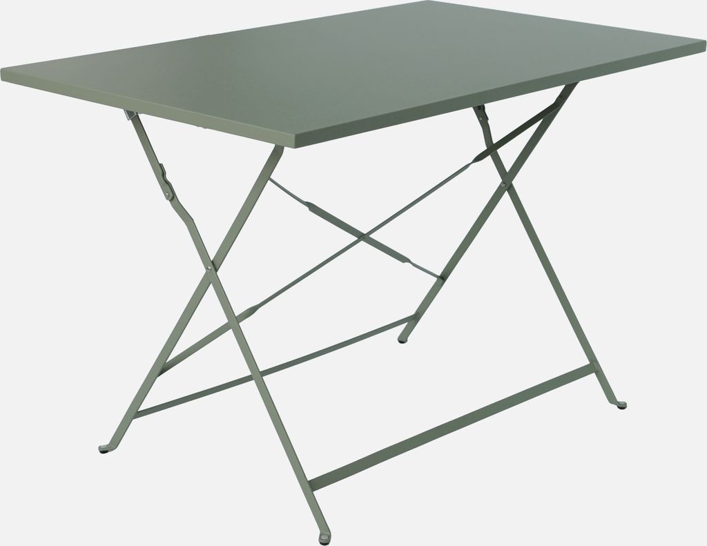 A khaki-colored folding bistro garden table made of steel.
