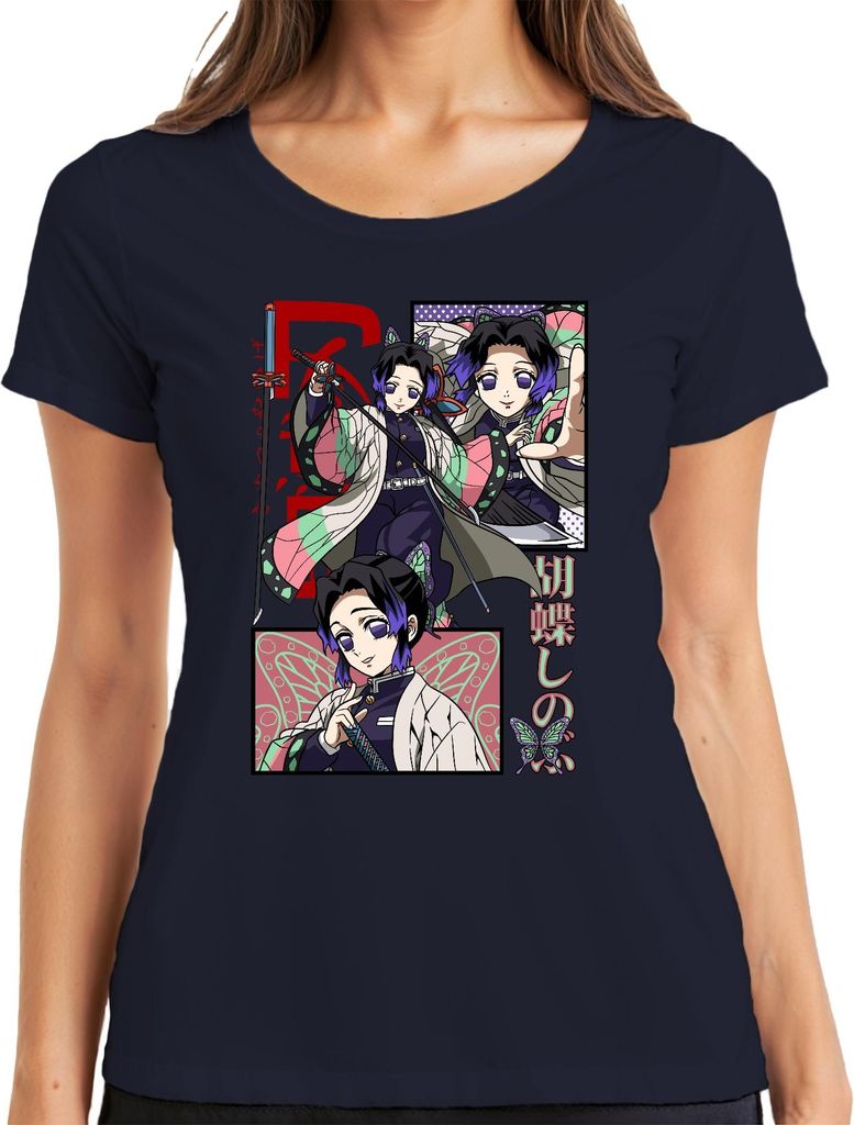 Shinobu Kocho Kimetsu no Yaiba Anime Schmetterling Katana Damen T-Shirt, Navy, 3XL