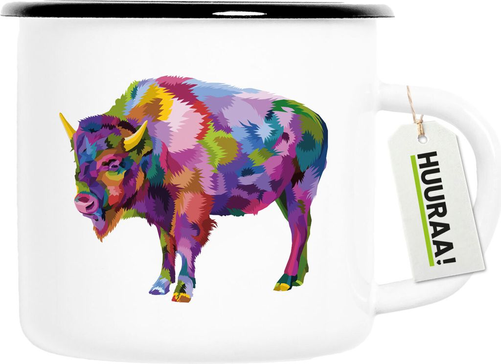 Huuraa Emaille Tasse Bison Colorful 300ml Vintage Campingbecher Geschenkidee