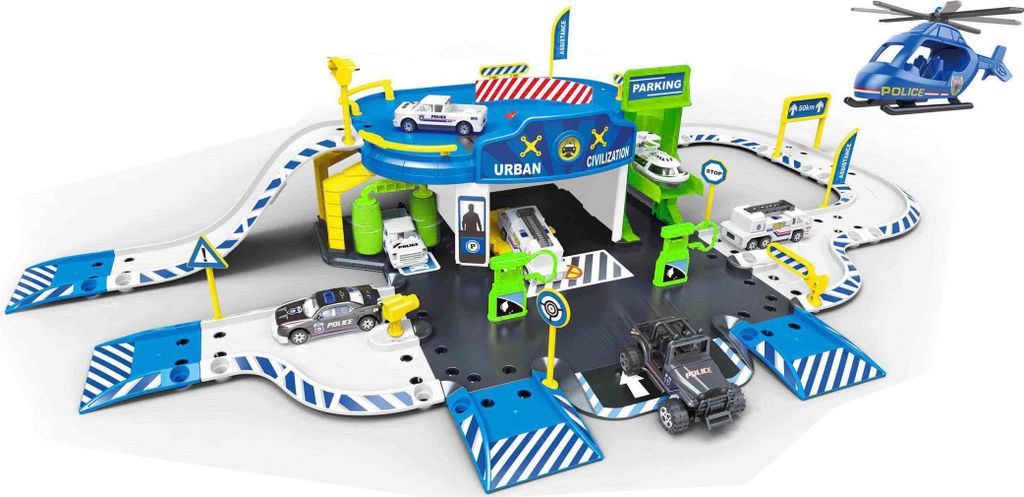 Polizeistation Spielzeuggarage aus Kunststoff mit 1 Etage, 2 Autos und Hubschrauber, 10x49x35 cm