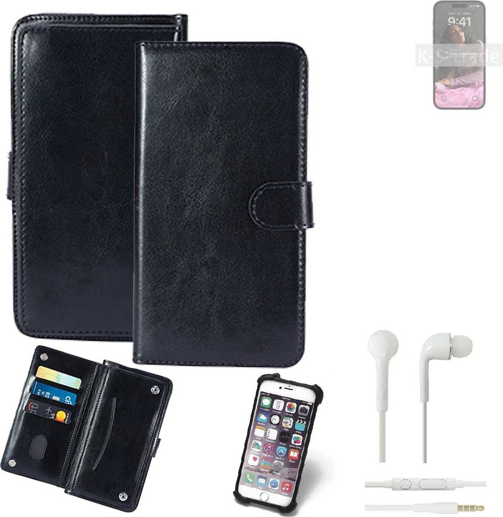 K-S-Trade 360° Hülle kompatibel mit Apple iPhone 14 Pro inkl. Headphones schwarz Kunstleder Case BookCase WalletCase Kunstlederederhülle