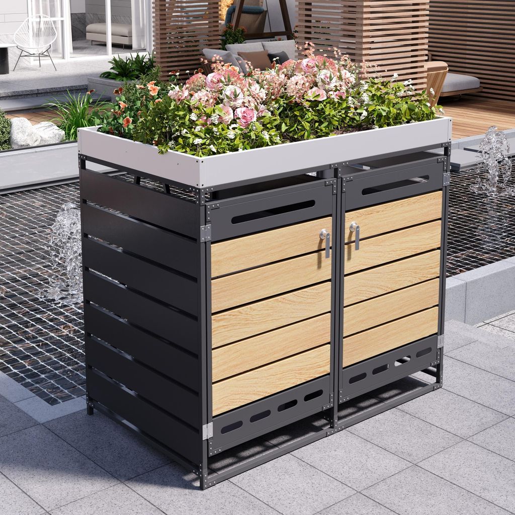 Mülltonnenbox mit Pflanzkasten, horizontale Holzoptik-Leisten, langlochgelüftet, ganzer Eisen-Gartenschrank mit Schloss