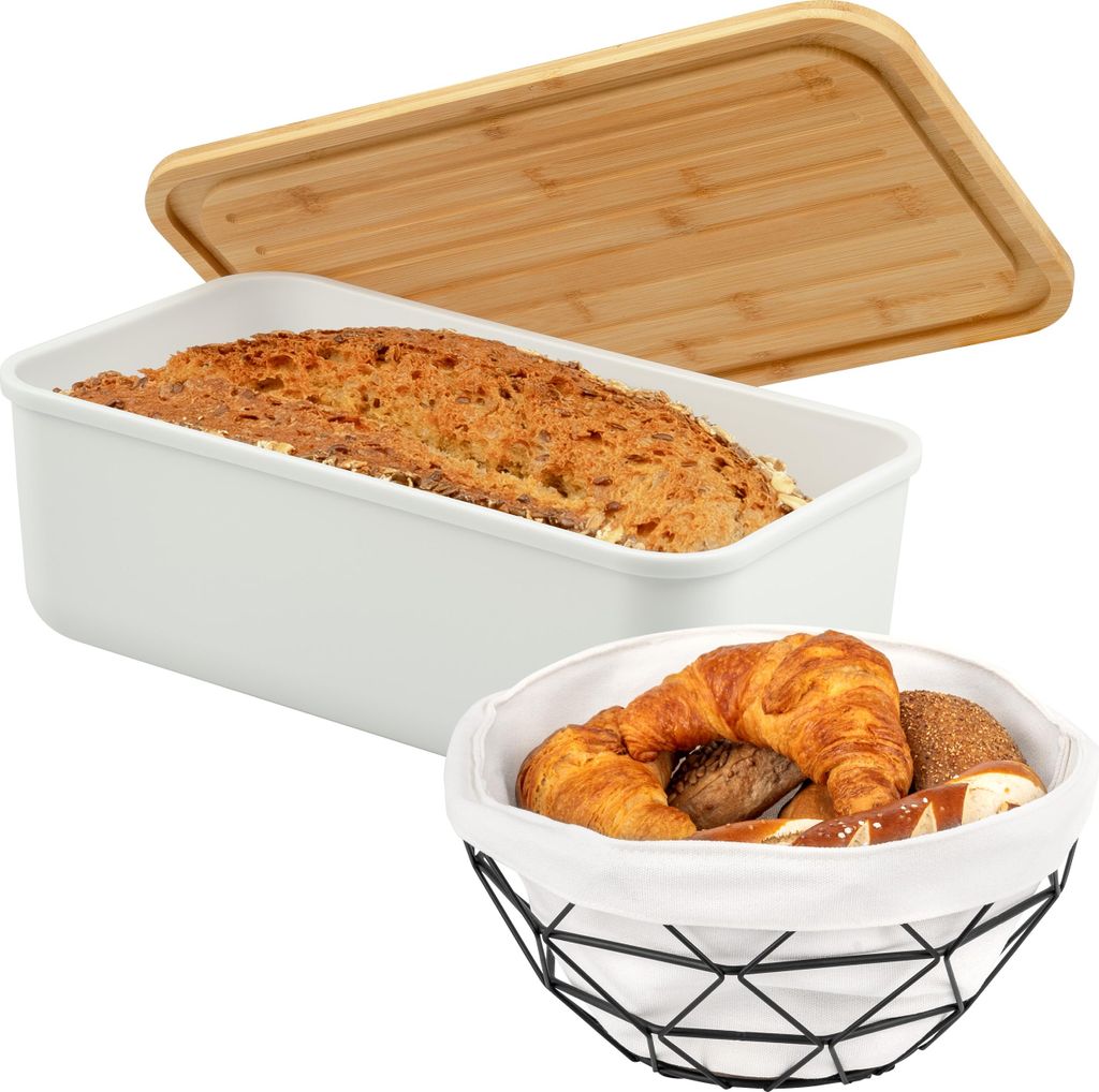 eluno 2tlg. Brotaufbewahrungs-Set - eckiger Brotkasten aus weißem Kunststoff und Metall-Brotkorb mit Stoffbezug