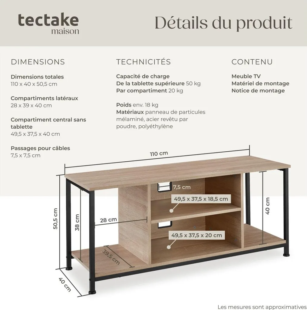 Meuble de rangement 110 cm bois clair Sonoma avec étagère variable