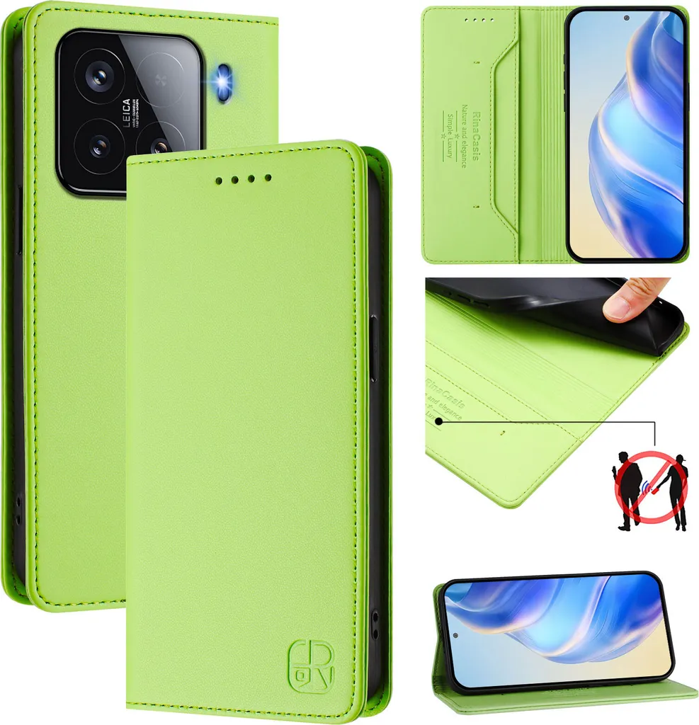 Custodia in pelle per Xiaomi 15, flip case con slot per carte, portafoglio e supporto Verde