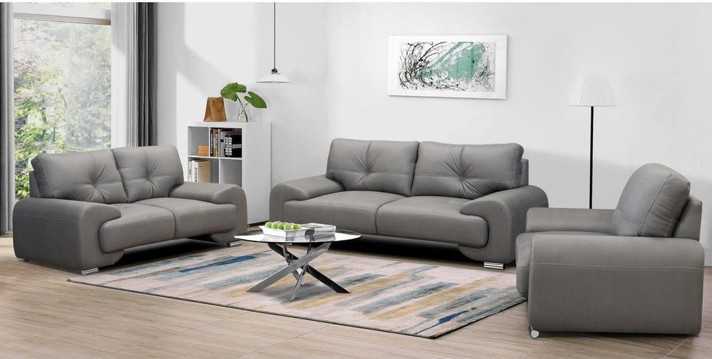 Polstergarnitur Maxime Lux mit Wellenfedern Couchgarnitur Sessel Zweisitzer Dreisitzer aus Kunstleder, Stoff: vega 88 - grau
