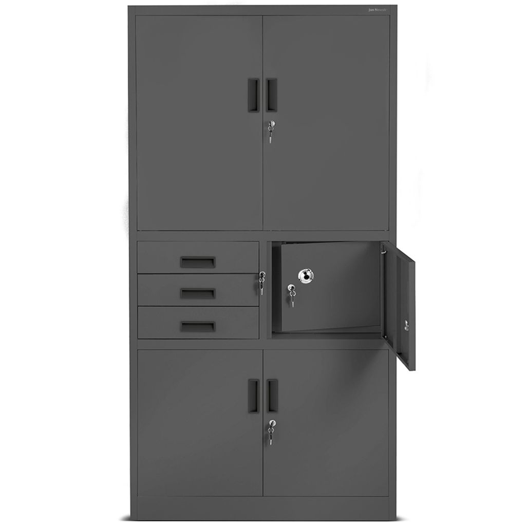 A dark gray metal storage cabinet with multiple compartments, including drawers, a safe, and doors.